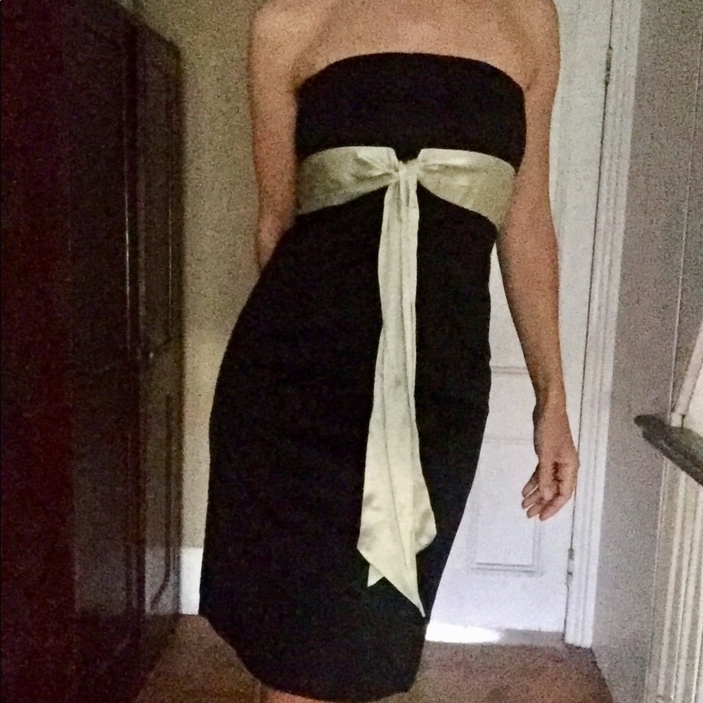 Ruth Black strapless dress with sage green sash